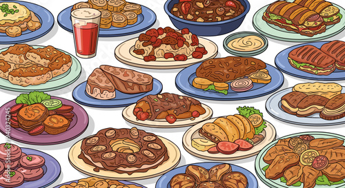 A vibrant and diverse assortment of delicious food dishes arranged on plates