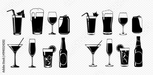 Set of alcoholic drinks and cocktails in various glasses and bottles, black silhouettes on transparent background.
