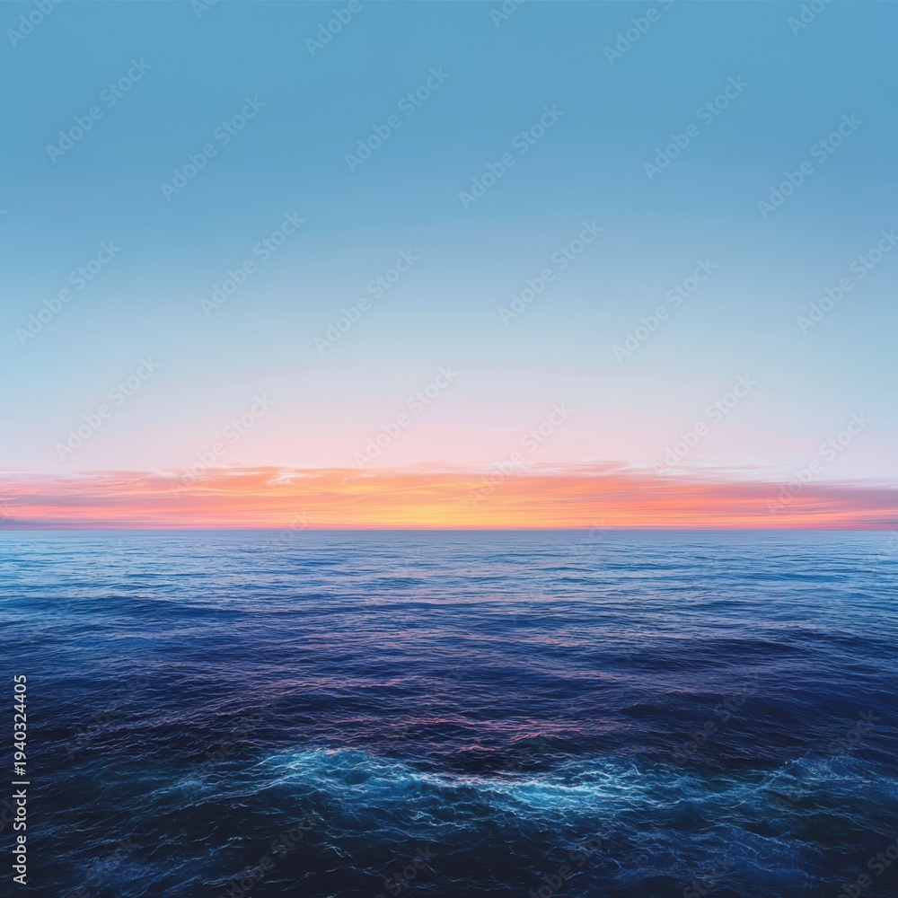 Naklejka premium Serene Ocean Sunset with Soft Orange and Pink Hues Reflecting on Calm Blue Water and Clear Sky