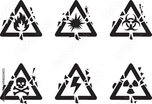 Collection of hazard warning symbols with a shattered effect, including fire, explosion, biohazard, skull and crossbones, and radiation