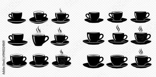 Collection of black coffee cups with saucers, some with steam, isolated on a transparent background.