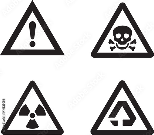 Four common hazard and recycling symbols displayed in triangular warning signs Vector
