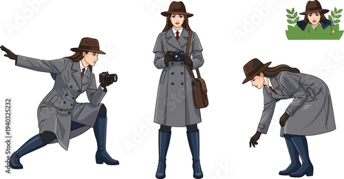 Detective in Action Wearing a Trench Coat, Hat, and Camera for Investigation and Detective Story Designs