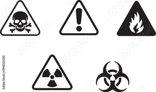 Five common hazard and biohazard warning symbols displayed together Vector