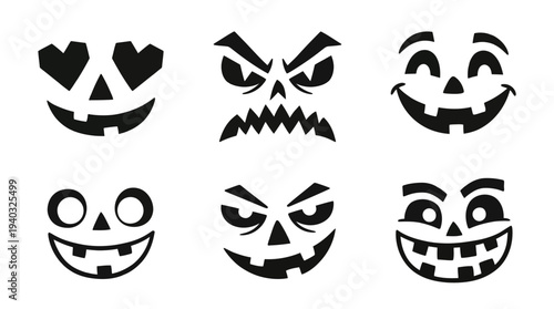 Halloween pumpkin faces in various emotions and expressions in black silhouette on white background for graphic design