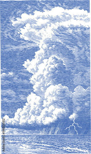 Dramatic blue and white illustration of stormy, swirling clouds and turbulent sky, evoking power and natural forces