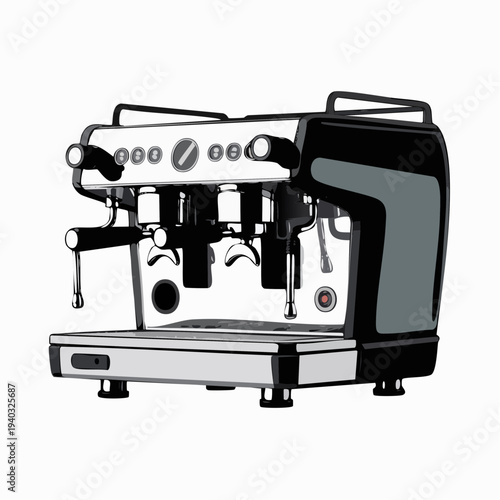 A detailed illustration of a coffee machine with multiple ports and levers from a frontal viewpoint in a kitchen environment setting