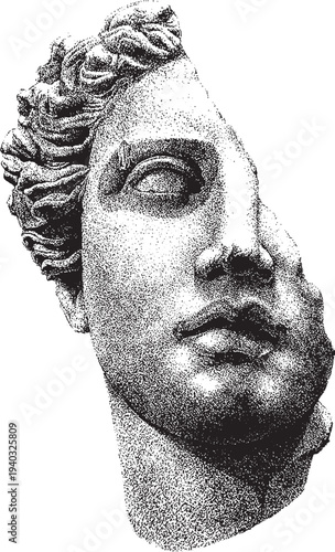 Fragmented classical sculpture bust in a stippled ink style, conveying a sense of history and artistic decay