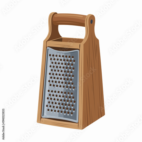 A wooden grater with a metal grating surface is depicted from a slightly angled front view, showcasing kitchen tool details.