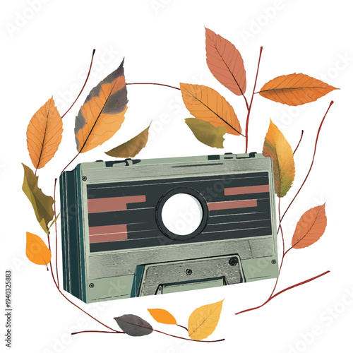 Vintage Cassette Tape Framed by Autumn Leaves