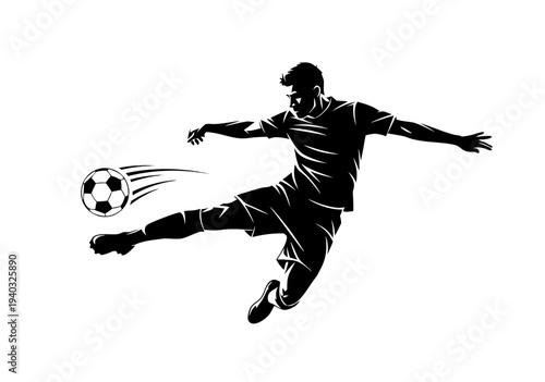 Striking vector illustration capturing a soccer player in mid-air, delivering a powerful kick, perfect for sports design and athletic themes
