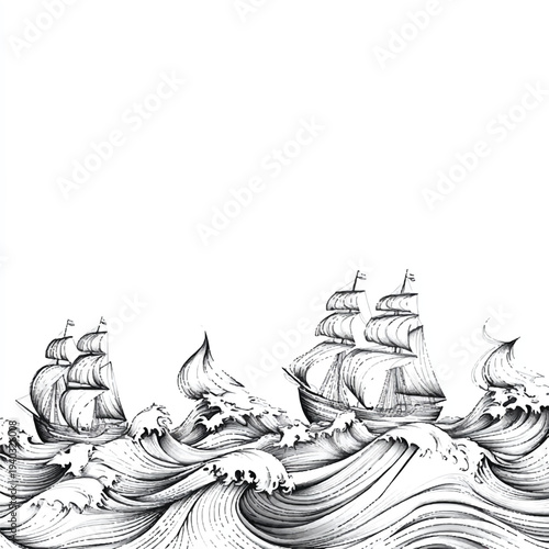 Vintage sailing ships navigating a stormy ocean sketch