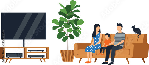 Family Living Room with Television, Sofa, Plant, and Pet Cat, Representing Family Time and Home Comfort