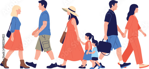 Family Walking Together in Summer Clothing for Vacation, Travel, and Family Bonding Designs