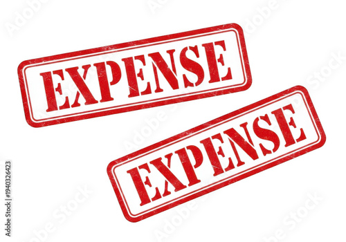 Two red 'expense' stamps, angled and overlapping, isolated on transparent background