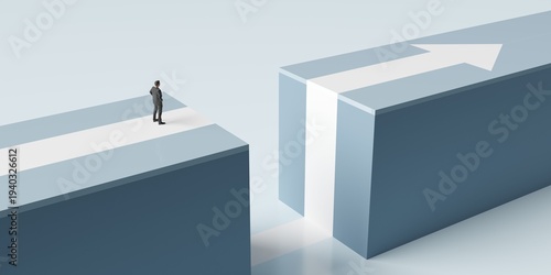 Business man facing a gap in the way marked by an arrow, obstacle, barrier or challenge concept on blue background