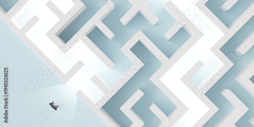 Business man standing at the start of a labyrinth or maze, strategy, problem solving or challenge concept on blue background top view from above