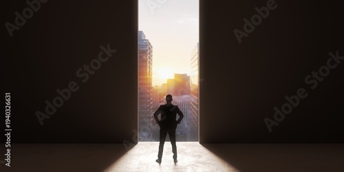 Business man looking over modern city at sunrise thru a gap in the wall, future, start or opportunity concept on blue background