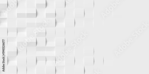 Grid of white cubes or boxes with randomly shifted center line background wallpaper banner fading out with copy space, flat lay