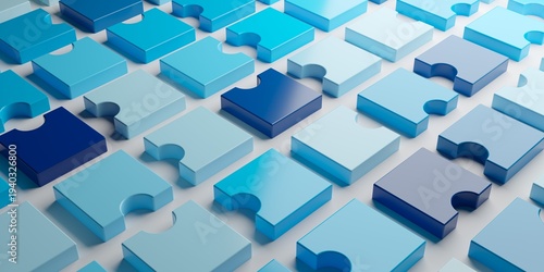 Blue abstract jigsaw puzzle pieces grid in different shades on white background, software module or business technology background concept