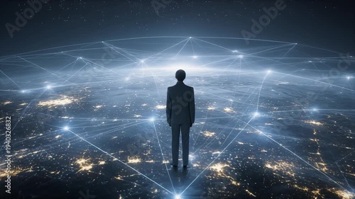 Man standing observing network connections over city lights