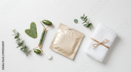A flat lay of a jade roller, face mask, and towel with herbs on a white surface