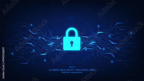 Concept of cybersecurity. Glowing padlock with circuit lines and electronic elements on a futuristic background, Personal data protection and phishing. Advanced safety technology. vector illustration.