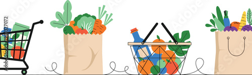 Grocery Shopping with Cart, Paper Bags, and Fresh Vegetables Collection for Healthy Eating and Food Shopping Designs