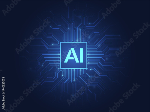 AI chip with circuit lines on futuristic background. Artificial intelligence and machine learning. Generative AI. Computer processor chip. Quantum and innovation tech. Vector illustration.