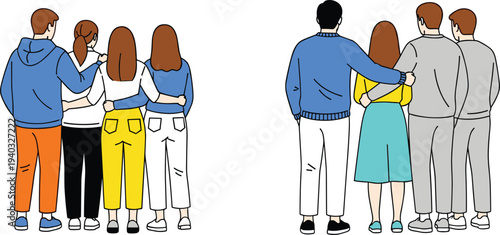 Group of Friends Standing Together with Arms Around Each Other for Unity, Togetherness, and Friendship Designs