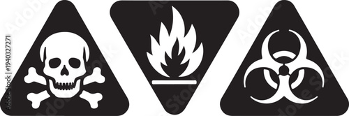 Three classic hazard symbols indicating poison, flammability, and biohazard risks Vector