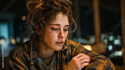 The woman stares blankly downward with a vacant, unfocused gaze.