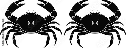 Set of two black crab silhouettes with large claws and detailed legs isolated on white background for seafood and marine design,