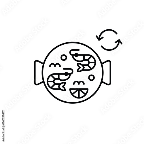 Shrimp seafood paella and renew symbol. Food and groceries recycling, fresh takeaway menu. Pixel perfect, editable stroke vector icon