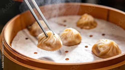 Freshly Steamed Chinese Dumplings in Bamboo Steamer Hot Food with Steam Rising Authentic Asian Cuisine Traditional Dim Sum Gourmet Meal Delicious Snack Cultural Dish,Premium