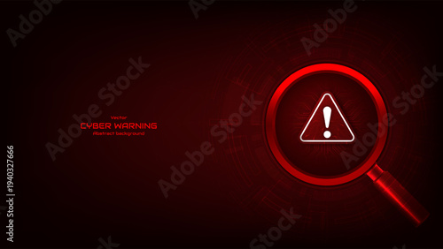 Attention warning danger symbol under a magnifying glass on a circuit board background. Hacked system or cyber attack. Cybersecurity protection from malware attacks. Vector illustration.