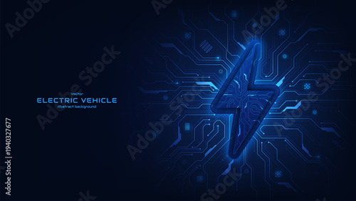 Green renewable energy concept. Electric power symbol on a futuristic circuit board background. Energy sources for renewable and sustainable development. High voltage zone. Vector illustration.