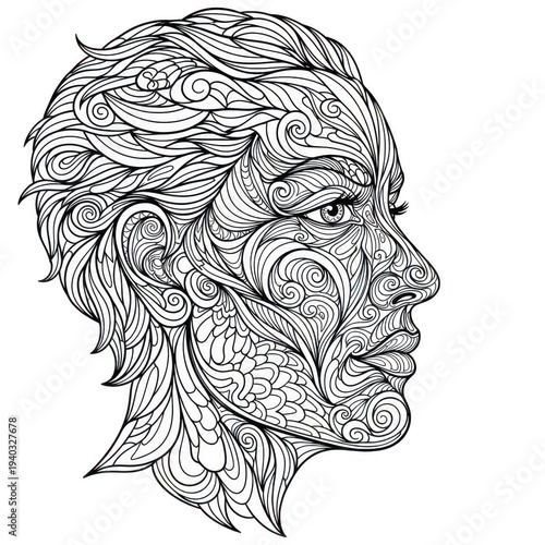 Intricate black and white illustration of a man's head profile isolated on transparent background