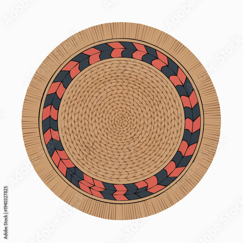 Traditional woven straw hat with intricate red and black pattern on circular brim viewed from directly above