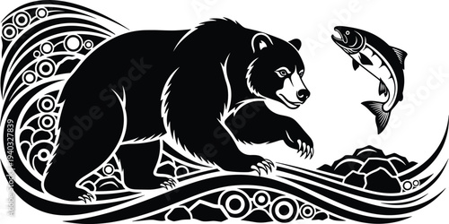Black and white illustration of a grizzly bear hunting a salmon in a river with stylized waves isolated on white,