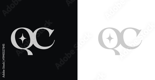 Elegant QC serif monogram logo in black and white luxury style