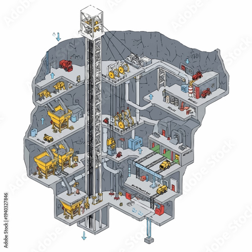 Detailed Cross-Sectional View of a Subterranean Mining Operation.