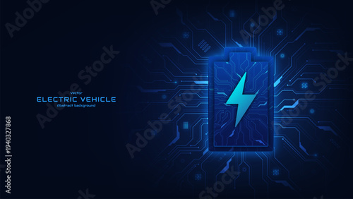 Electric fast charge technology concept. Electric battery charging glowing symbol on a futuristic circuit board background. Energy sources for renewable. Energy storage system. Vector illustration.