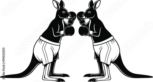 Set of two black and white boxing kangaroo illustrations wearing gloves and shorts in a fighting stance isolated on white,