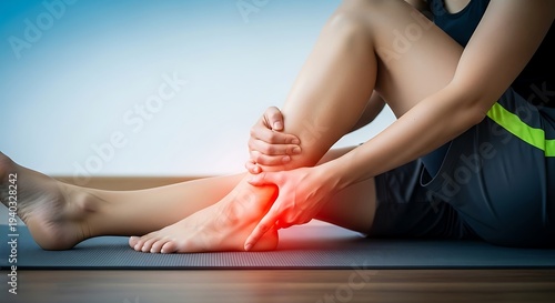 Person experiencing ankle pain, sitting on yoga mat with discomfort