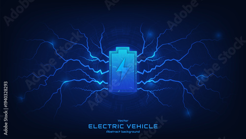 Battery technology concept. Battery charging symbol with electrical current lines around. The future of fast electric battery charging. Energy storage system. High voltage. Vector illustration.