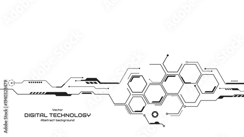 High-tech hexagon geometric connection system. Abstract circuit board technology processing business background. UI design elements. Vector illustration.