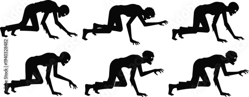 Set of black silhouettes of scary zombies crawling on ground in various horror poses isolated on white background for Halloween,