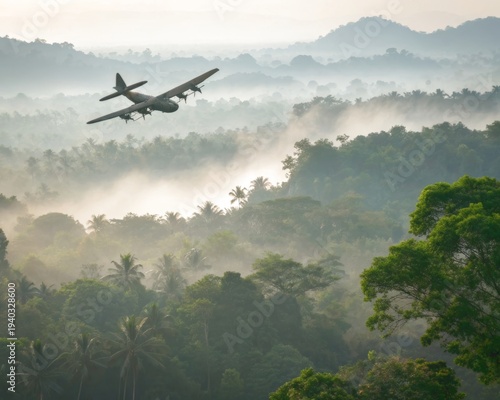 Vintage bomber aircraft flying low over a misty jungle canopy at sunrise