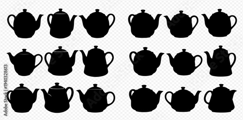 Collection of various black teapot silhouettes on a transparent background, perfect for graphic design elements and kitchenware illustrations.